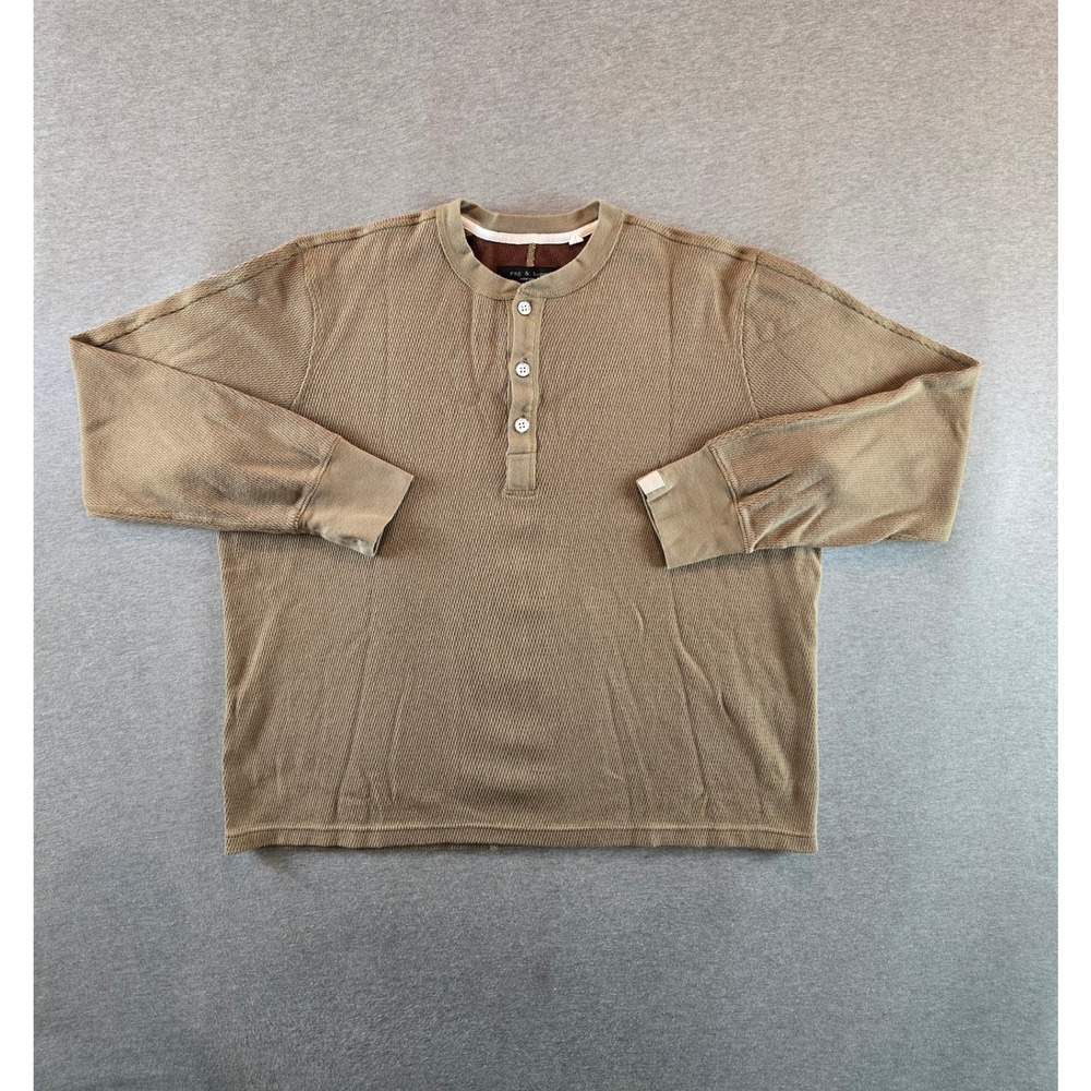Rag & Bone Henley Shirt Mens XXL Khaki Brown Waffle Knit Cotton Long Sleeve